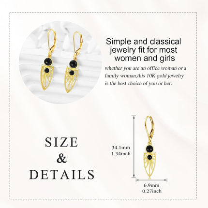 10K Gold Black Onyx Owl Shape Filigree Boho Leverback Earrings