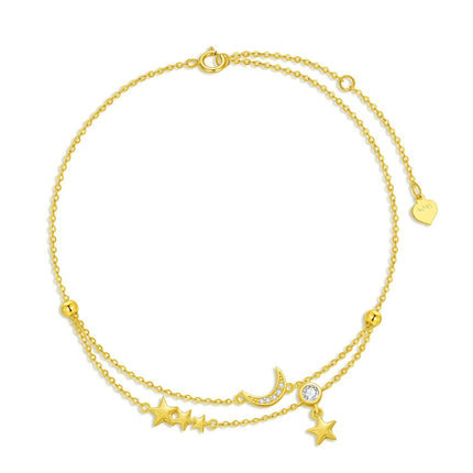 14K Gold Star & Moon Charm Ankle Anklet with Tassels - 8+2 Inches