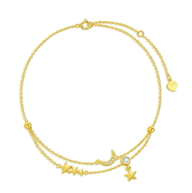 14K Gold Star & Moon Charm Ankle Anklet with Tassels - 8+2 Inches