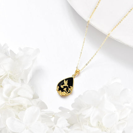 14K Gold Solid 14K Gold Black Onyx Hummingbird Flower Pendant Gothic Necklace