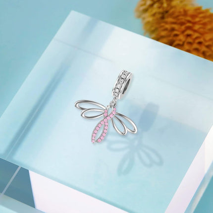 925 Sterling Silver Dragonfly Pink Ribbon Dangle Charm Bead for Pandora Style Bracelets Jewelry Making Supplies (Pink)