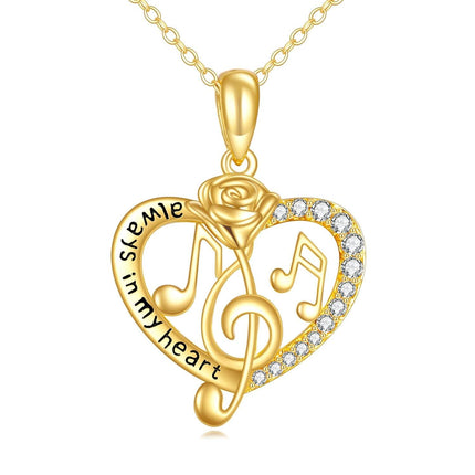 14K Gold Heart Rose Musical Notes Pendant Necklace with Cubic Zirconia for Women Girls Mother's Day Gift
