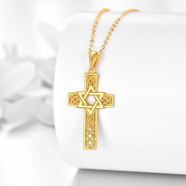 14K Gold Star of David Celtic Knot Cross Pendant Necklace Religious  for Men & Women
