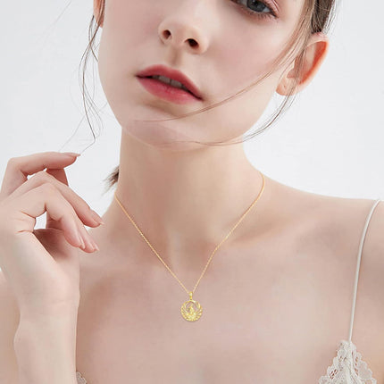 14K Gold Round Cutout Phoenix Bird Charm Pendant Necklace for Women and Girls