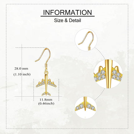 14K Gold Airplane Dangle Earrings with Cubic Zirconia for Women