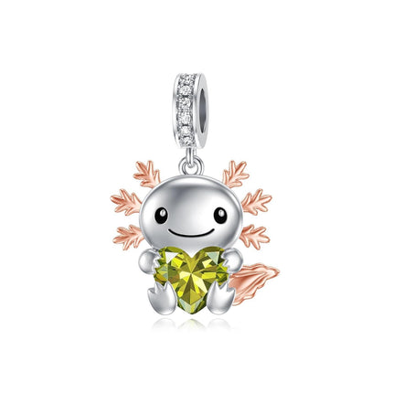 925 Sterling Silver Axolotl Charm with Pink Birthstone Heart Pendant for Bracelets Jewelry Making Gifts for Women