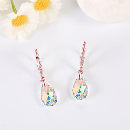 925 Sterling Silver Teardrop Purple Blue Aurora Borealis Crystals Leverback Earrings