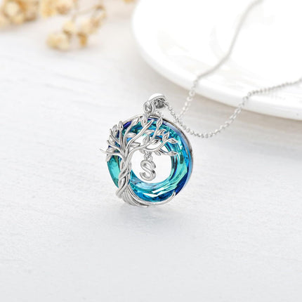 925 Sterling Silver Blue Crystal Tree of Life Initial Necklace Family Letter Pendant Birthday Mother s Day Gifts for Her