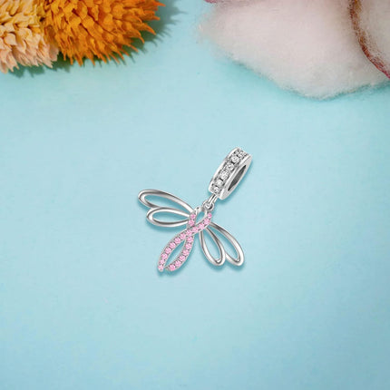 925 Sterling Silver Dragonfly Pink Ribbon Dangle Charm Bead for Pandora Style Bracelets Jewelry Making Supplies (Pink)