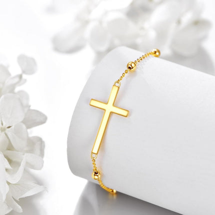 14k Gold Religious Cross Bracelet for Women Adjustable Link Chain