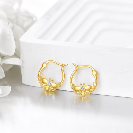 10K Gold Bee Design Hoop Earrings with Cubic Zirconia - Fashionable Gift for Her