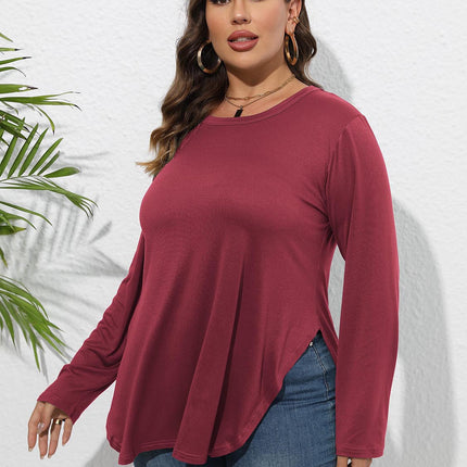 Plus Size Round Neck Long Sleeve Slit T-Shirt