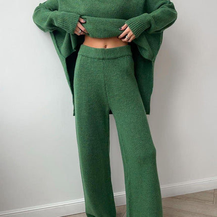 Slit Turtleneck Long Sleeve Top and Pants Sweater Set