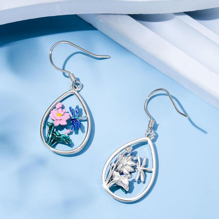 925 Sterling Silver Dragonfly Lotus Flower Teardrop Drop Earrings for Women