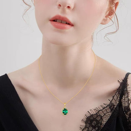 14K Yellow Gold Lab-Created Emerald & Zirconia Oval Pendant Necklace