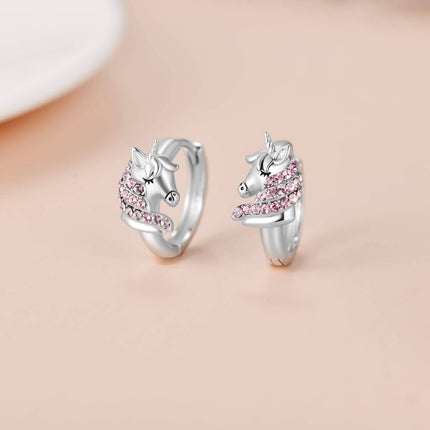 925 Sterling Silver Pink Crystal Unicorn Huggie Hoop Earrings for Girls and Women's Gifts