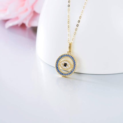 14K Gold Blue & White Crystal Evil Eye Pendant Necklace for Women