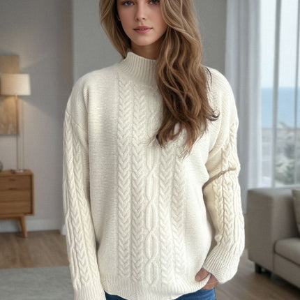 Cable-Knit Mock Neck Dropped Shoulder Sweater