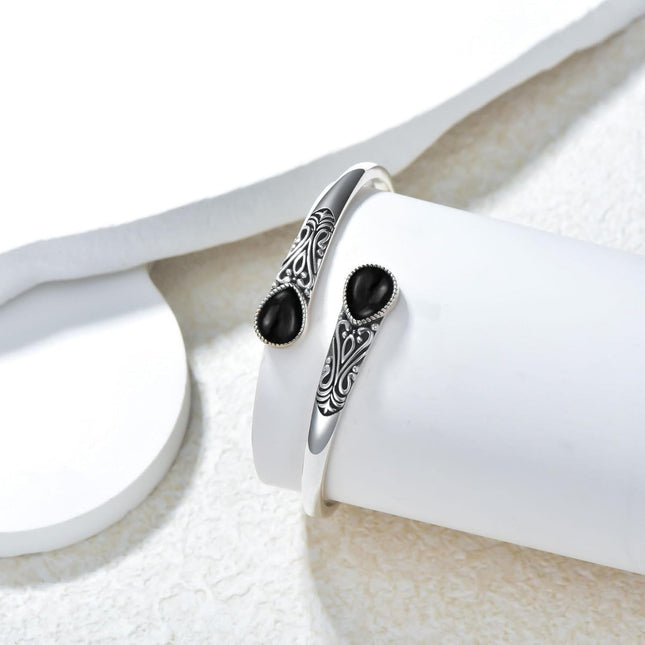 925 Sterling Silver Black Onyx Gemstone Adjustable Bohemian Cuff Bracelet