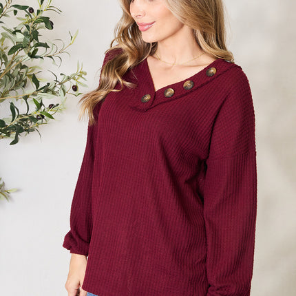 Zenana Buttoned V-Neck Long Sleeve Blouse