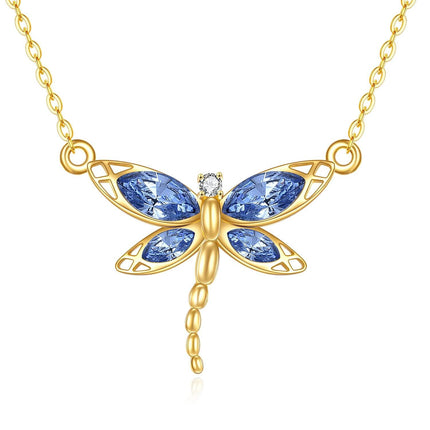 14K Gold Blue Crystal Dragonfly Butterfly Pendant Necklace for Women