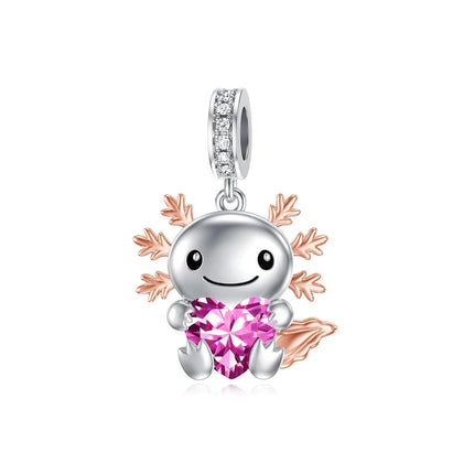 925 Sterling Silver Axolotl Charm with Pink Birthstone Heart Pendant for Bracelets Jewelry Making Gifts for Women