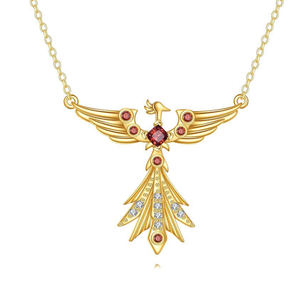 14K Gold Red Garnet Phoenix Pendant Necklace - Symbolic s for Her