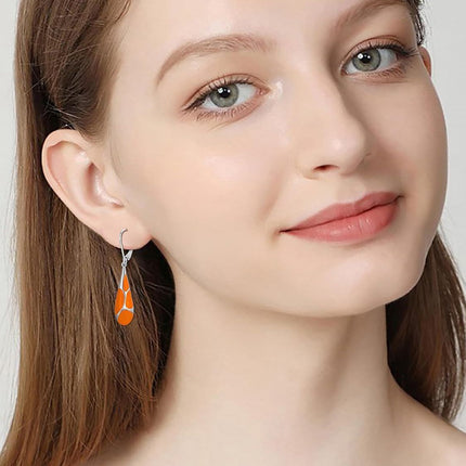 925 Sterling Silver Orange Enamel Teardrop Leverback Earrings for Women