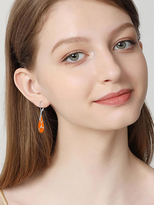 925 Sterling Silver Orange Enamel Teardrop Leverback Earrings for Women