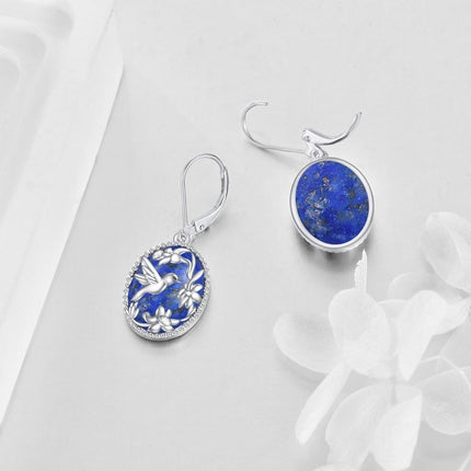925 Sterling Silver Gold-Plated Blue Lapis Lazuli Hummingbird & Flower Drop Earrings