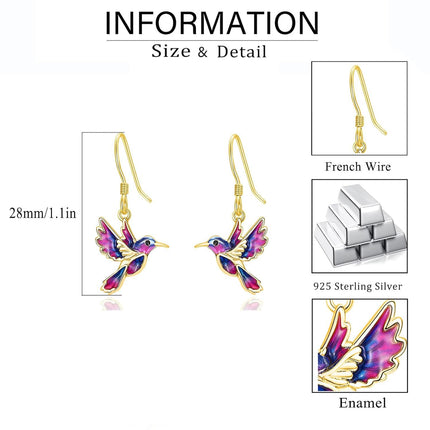 925 Sterling Silver Purple & Blue Enamel Hummingbird Dangle Drop Earrings for Women