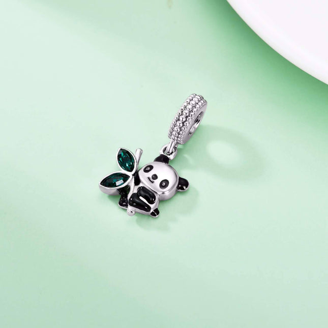 925 Sterling Silver & Austrian Crystal Cute Smiling Panda Eating Bamboo Charm for Bracelet Necklace Gift