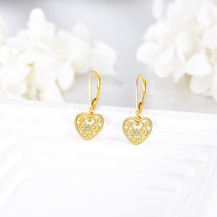 14K Gold Filigree Heart Shape Dangle Drop Leverback Earrings for Women