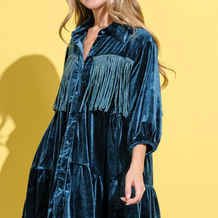 And The Why Fringe Detailed Velvet Shirt Dress