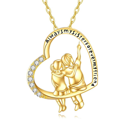 Gold 14K Always My Sister Forever Friend Heart Pendant Necklace for Sisters and Moms - Mothers' Day Gifts
