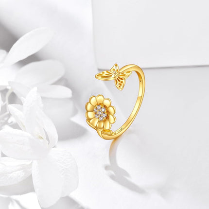 14K Gold Adjustable Bee and Daisy Flower Open Ring  for Women Her