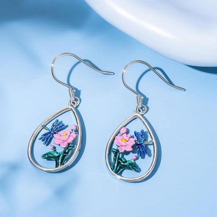 925 Sterling Silver Dragonfly Lotus Flower Teardrop Drop Earrings for Women