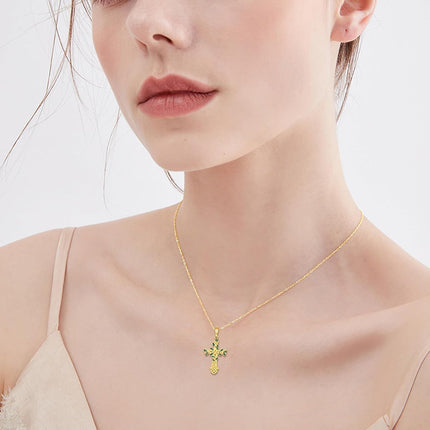 14K Gold Green Enamel Celtic Knot Tree Of Life Cross Pendant Necklace For Women