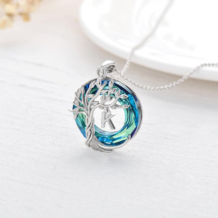 925 Sterling Silver Blue Crystal Tree of Life Initial Necklace Family Letter Pendant Birthday Mother s Day Gifts for Her