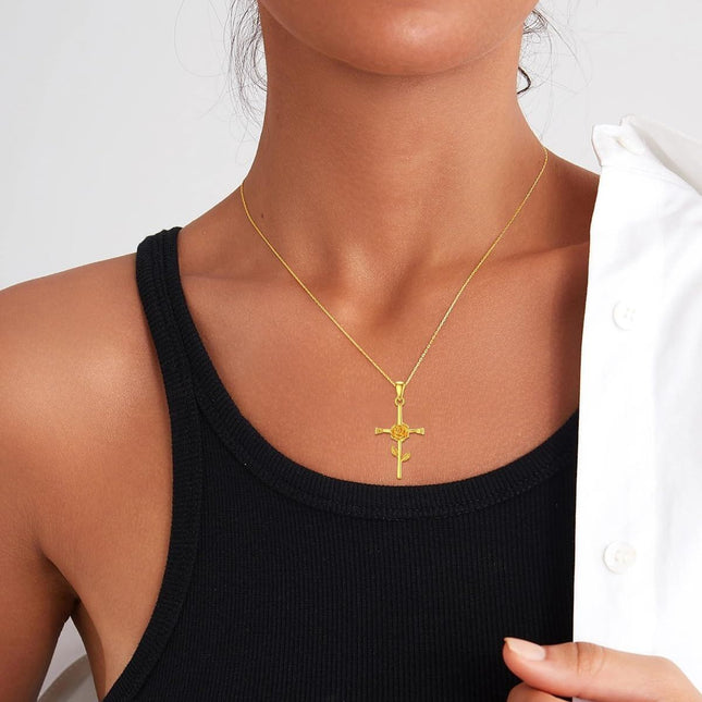 14K Gold Rose Cross Necklace - 12 Months Pendant s for Her