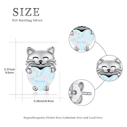 925 Sterling Silver Heart-Shaped Opal Cat Stud Earrings - Adorable Kitty  for Her
