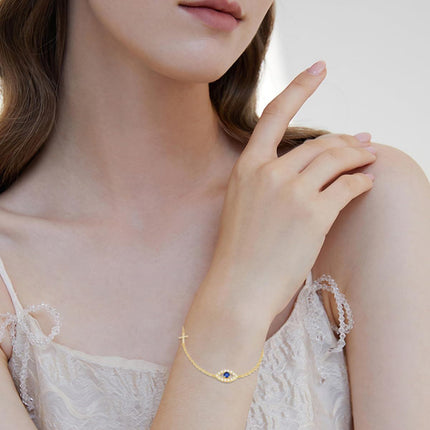 14K Gold Cross & Heart Charm Evil Eye Adjustable Bracelet (Size: S/M/L/XL)