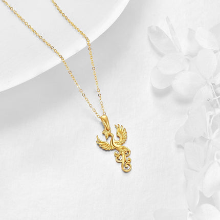 14K Gold Phoenix Pendant Necklace with Gemstone for Women