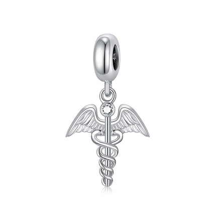 S925 Sterling Silver & Austria Clear White Crystal Caduceus Charm Bracelet for Medical Professionals, Nurses, Doctors - Hypoallergenic, Lead & Nickel Free Jewelry Gift (12mm)
