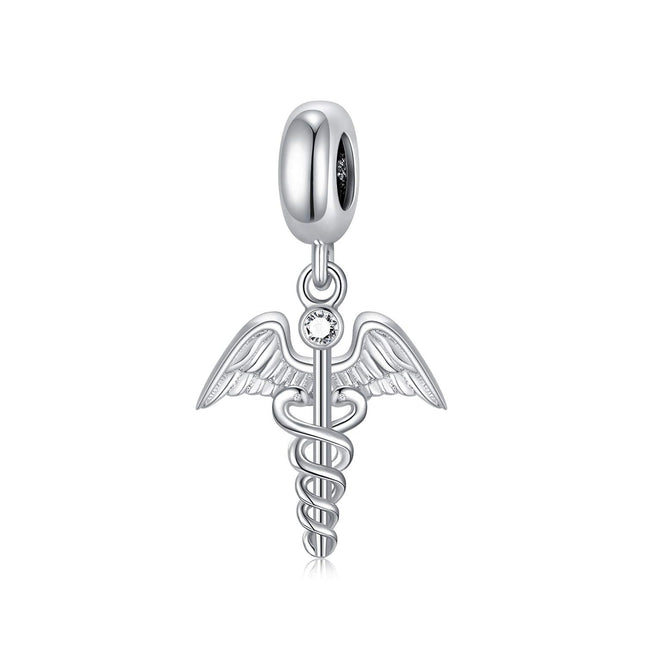 S925 Sterling Silver & Austria Clear White Crystal Caduceus Charm Bracelet for Medical Professionals, Nurses, Doctors - Hypoallergenic, Lead & Nickel Free Jewelry Gift (12mm)