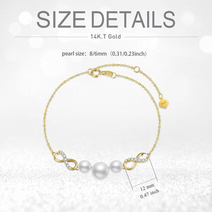 14K Gold Infinity Pearls & Cubic Zirconia Charm Bracelet for Women - Adjustable Size (7-9)