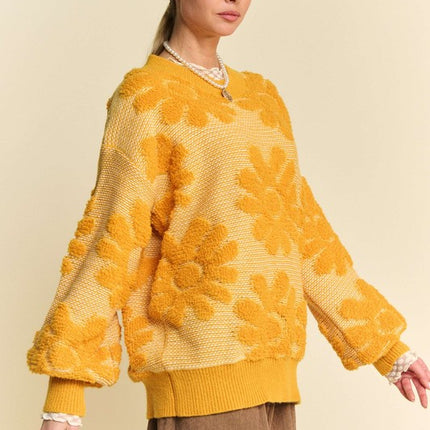 Davi & Dani Flower Texture Round Neck Dropped Shoulder Sweater