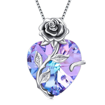 925 Sterling Silver Crystal Rose Flower Heart Pendant Necklace