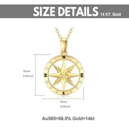 14K Gold CZ Compass Pendant Necklace for Women - 18 Inches Chain