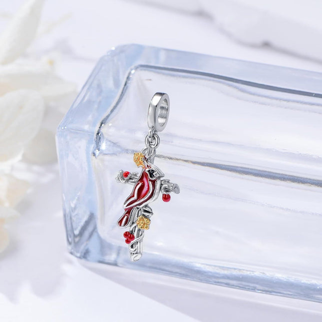 925 Sterling Silver Heart-Shaped Pendant with Red Cardinal and Berries Design for Bracelets or Necklaces